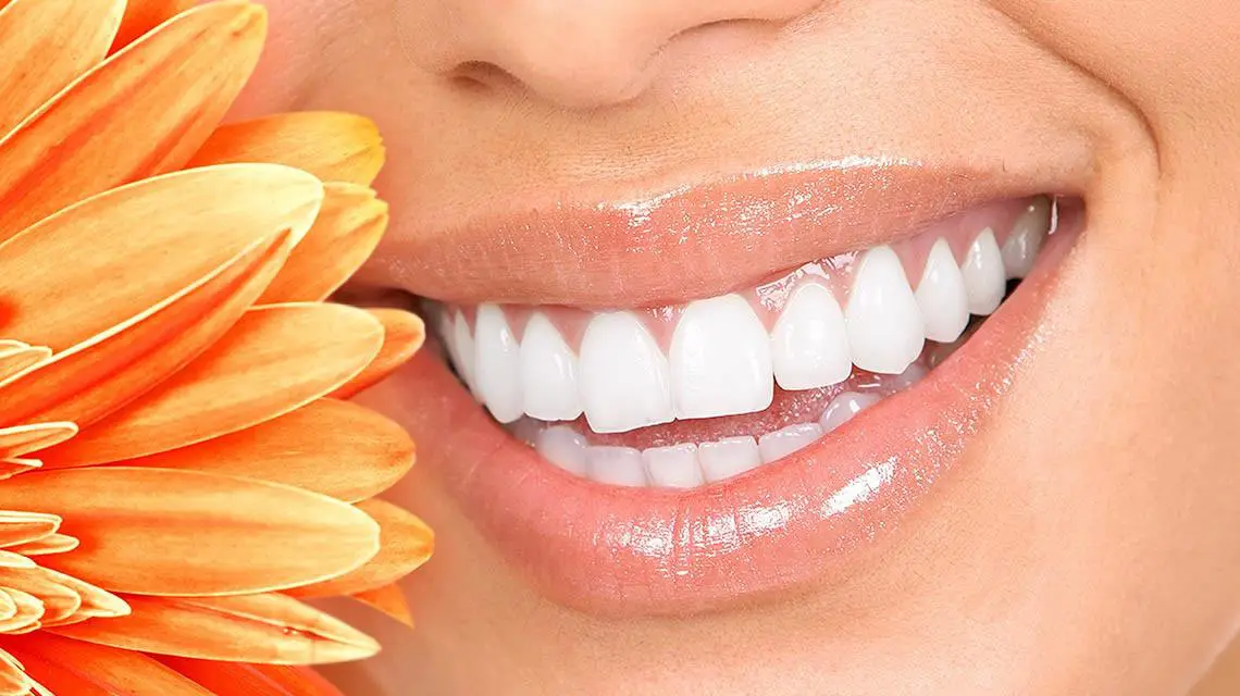 Eine Frau lächelt mit einer Blume in ihrem Mund, zeigt gesunde und schöne Zähne.